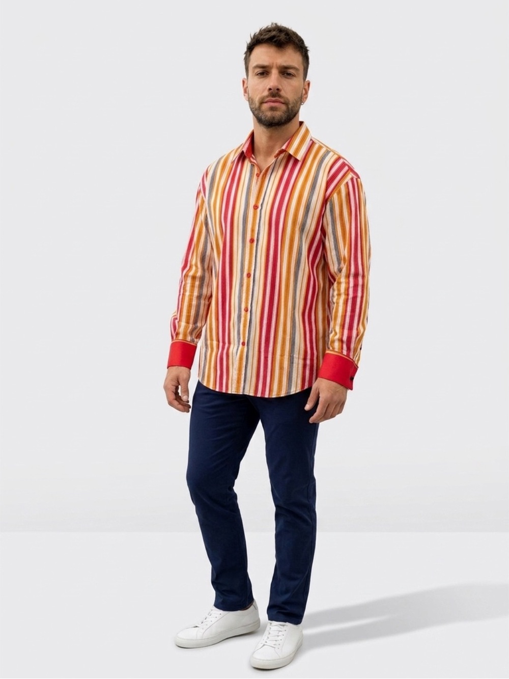 Men's Multicolor Striped Button-Down Shirt — Red, Orange & Cream